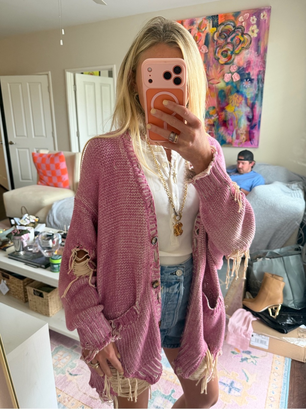 R13 bright pink distressed jumbo cardigan!